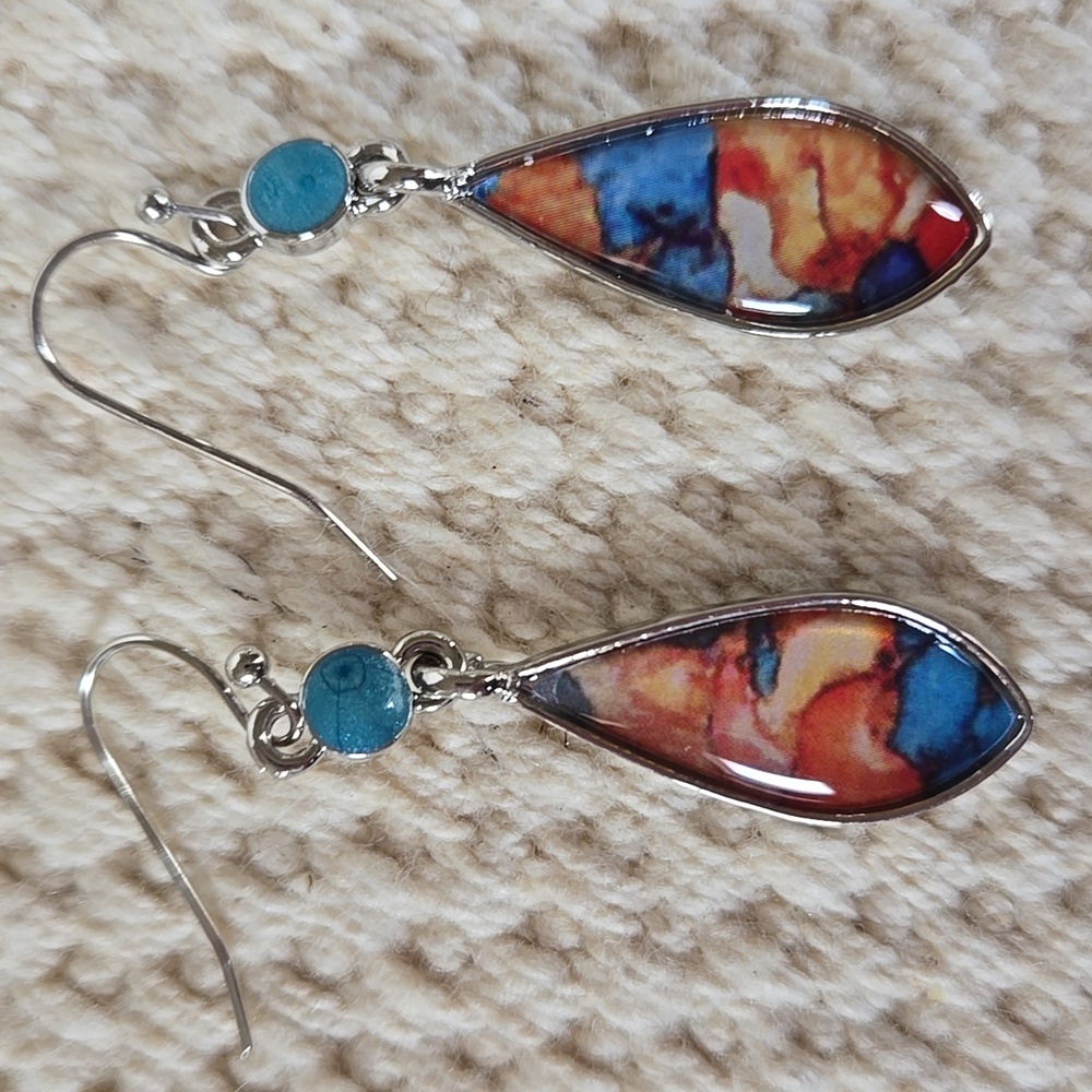 E-030-Boho-style Silver Tone w Blue and Orange Drop Earrings